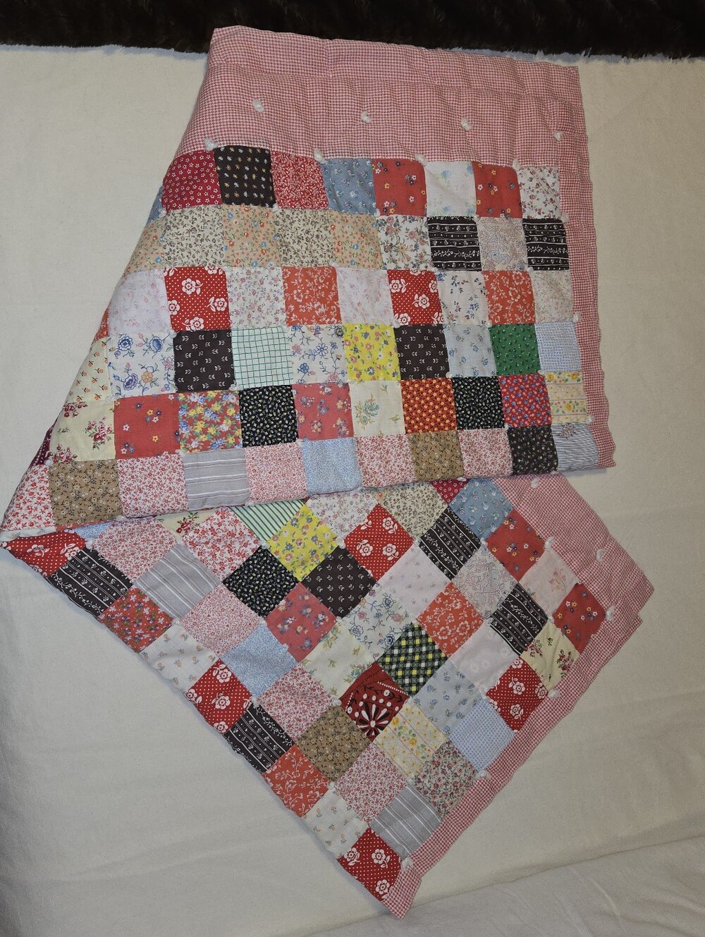 Handmade Patchwork Quilted Throw Blanket in Multicolor Squares Vintage 1980s